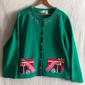Shenanigans Green Christmas Present Gift Applique Fleece Cardigan Ugly Sweater L